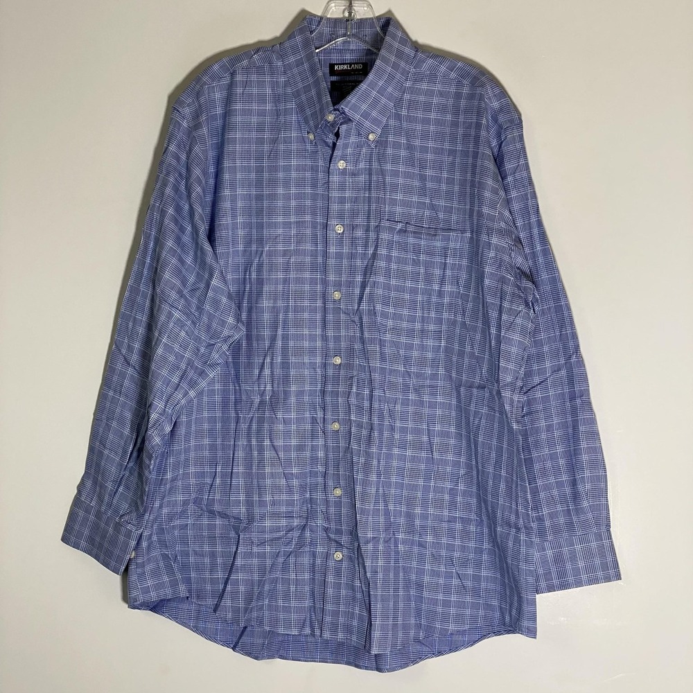 Kirkland Signature Shirt Mens 16.5 32/33 Blue Check Non Iron Button Down‎ Dress